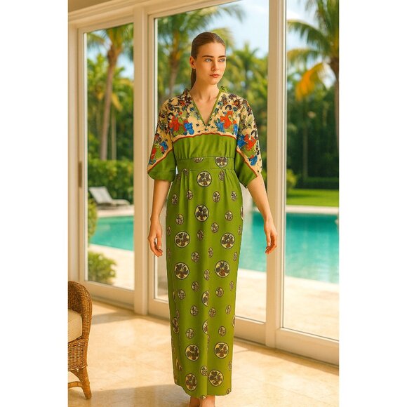 Vintage 60s Leslie Fay Original Maxi Dress – Japanese Art Print – Olive Green – - Picture 1 of 8